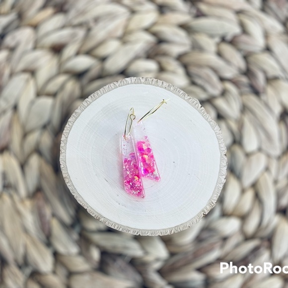BOUTIQUE Resin Drop Earrings, Holographic Mixed Pink Chunky Glitter, Fun Hoops - Picture 2 of 11